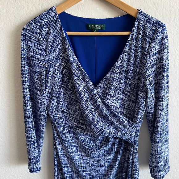 RALPH LAUREN Green Label Blue Surplice Neckline 3/4 Sleeve Midi Dress Womens 6 - Picture 5 of 6